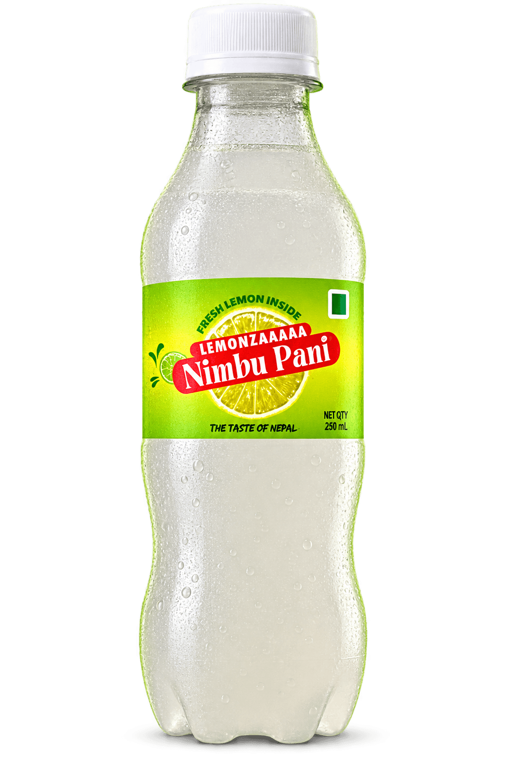 A chilled 250 mL bottle of Nimbu Paani, beaded with condensation.