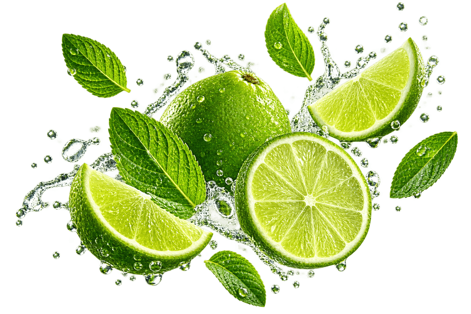 Whole and sliced limes with mint leaves suspended in water droplets.