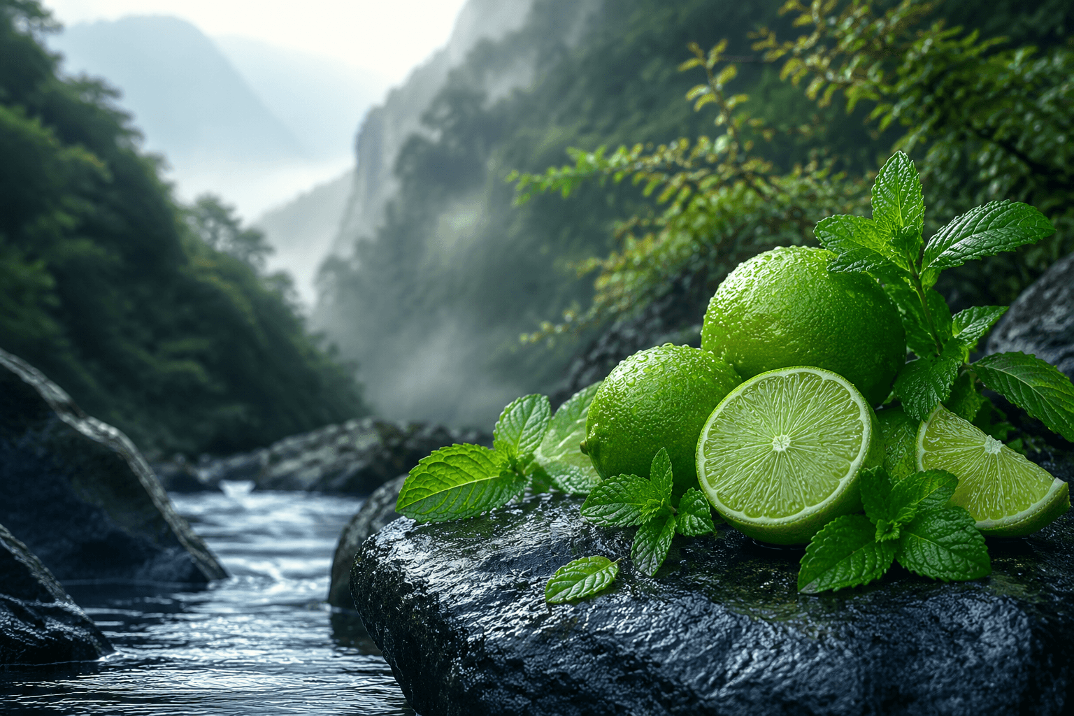 Limes and mint resting on a wet river stone in a misty Nepali gorge.